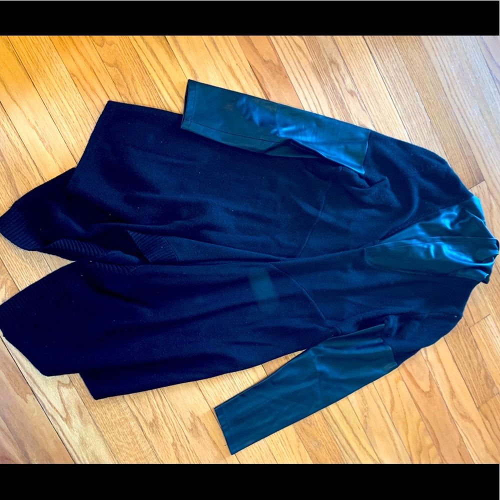 Cardigan Sweater with Pleather Sleeves and Hood